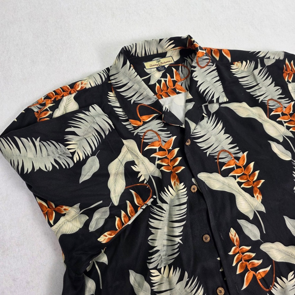 Tommy Bahama Mens XL Silk Camp Shirt Black Tropical Leaf Floral Button Down 100%